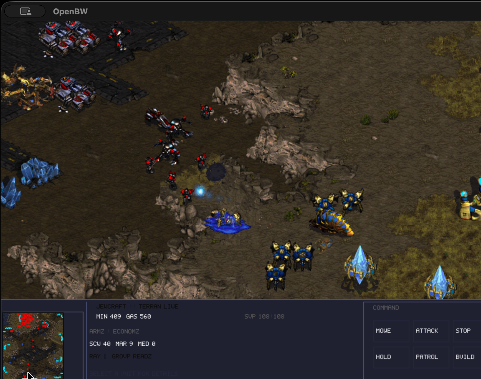 Earlier JevCraft spectator footage showing Terran units near a Protoss base. This illustrates gameplay, not a verified outcome or the final failed build.