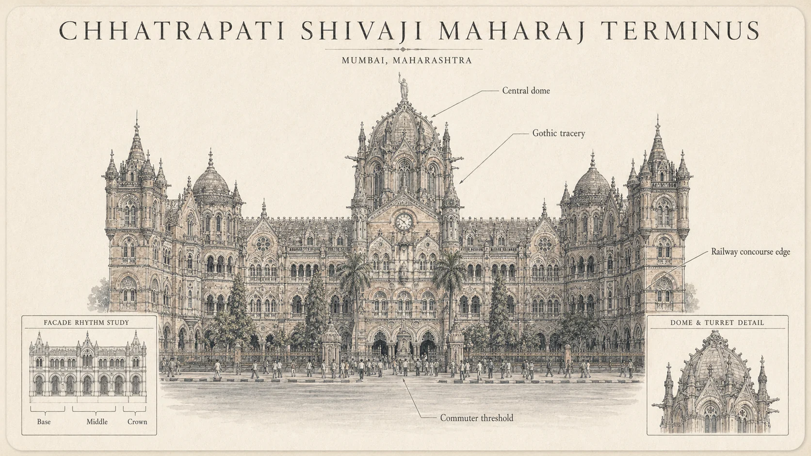 Illustrated CSMT railway station plate with architectural callouts and smaller detail studies.