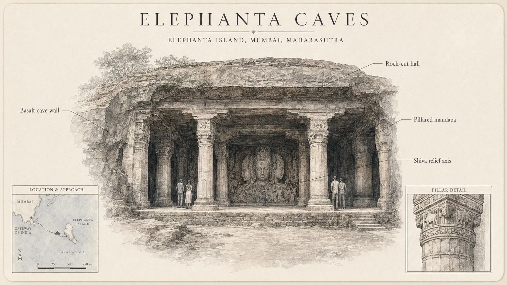 Illustrated rock-cut Elephanta hall with a harbour approach map and a carved pillar detail.