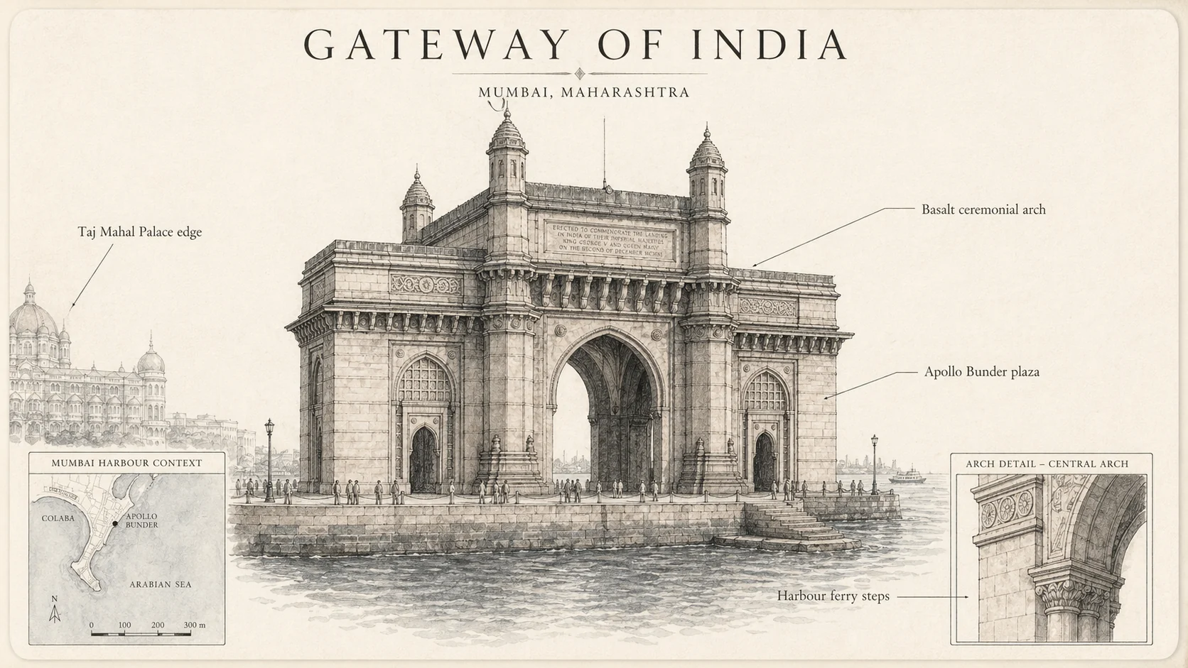 Sepia architectural plate of Gateway of India with harbour map and arch-detail insets.